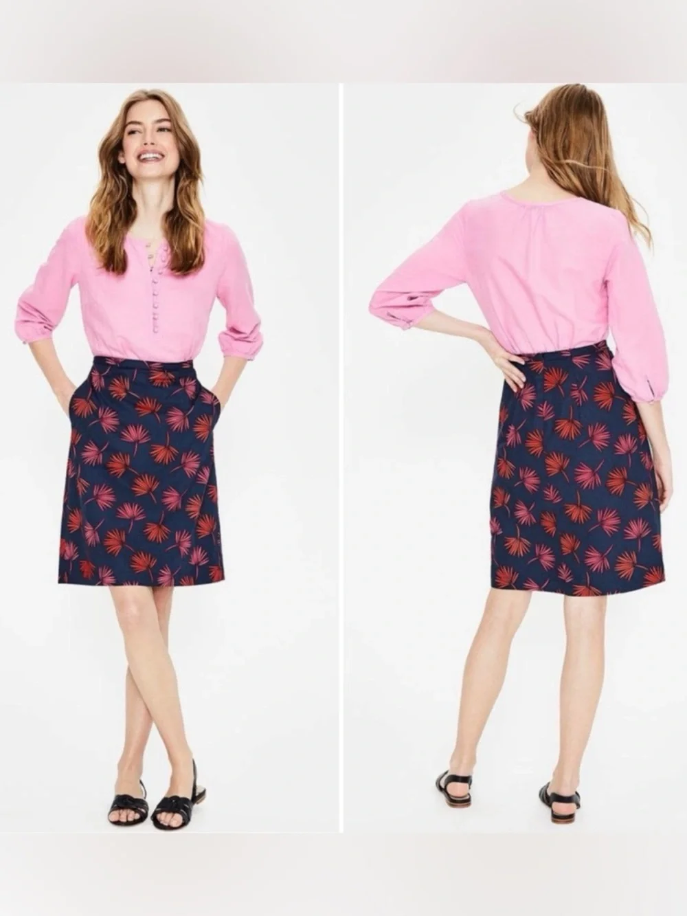 Boden Scattered‎ Holiday Palm Print A-Line Cotton Skirt Navy Blue & Pink Size 4